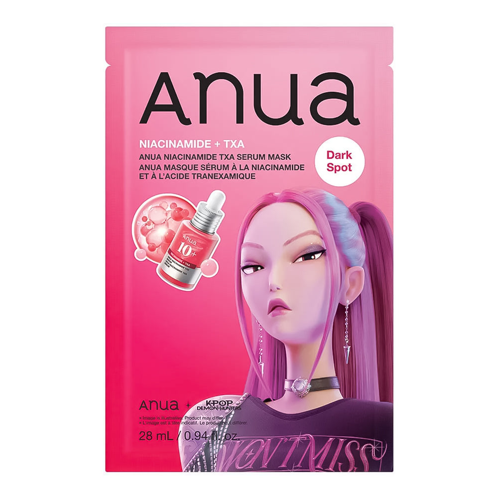 Anua Dark Spot Niacinamide + TXA serum mask packet in pink packaging, featuring a stylized illustration of a woman with pink hair and a small bottle graphic.