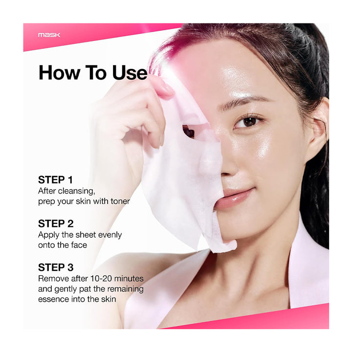 Instruction graphic showing how to use a sheet mask, featuring a woman peeling a translucent white mask from her face with her hand. The left side contains text instructions in three steps, and the top and bottom have pink gradient accents.