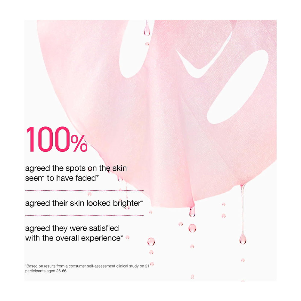 A promotional graphic with a pink sheet mask dripping on a white background and text reading &