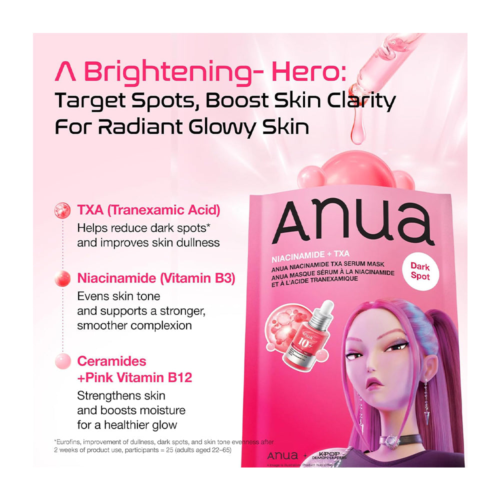 Anua Brightening Hero skincare ad featuring a pink serum mask box labeled &
