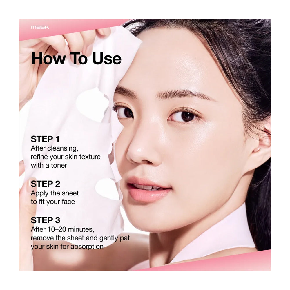 Instruction graphic showing how to use a sheet mask, featuring a close-up of a woman&