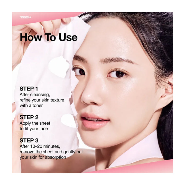 Instruction graphic showing how to use a sheet mask, featuring a close-up of a woman&