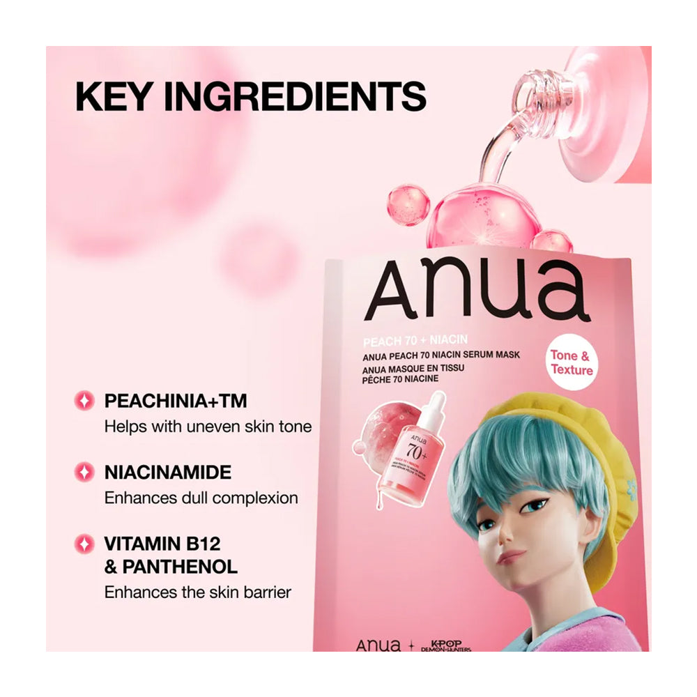 Anua Peach 70 + Niacin serum mask packaging shown on a pink background with ingredient callouts including peachinia-TM, niacinamide, and vitamin B12 &amp; panthenol.