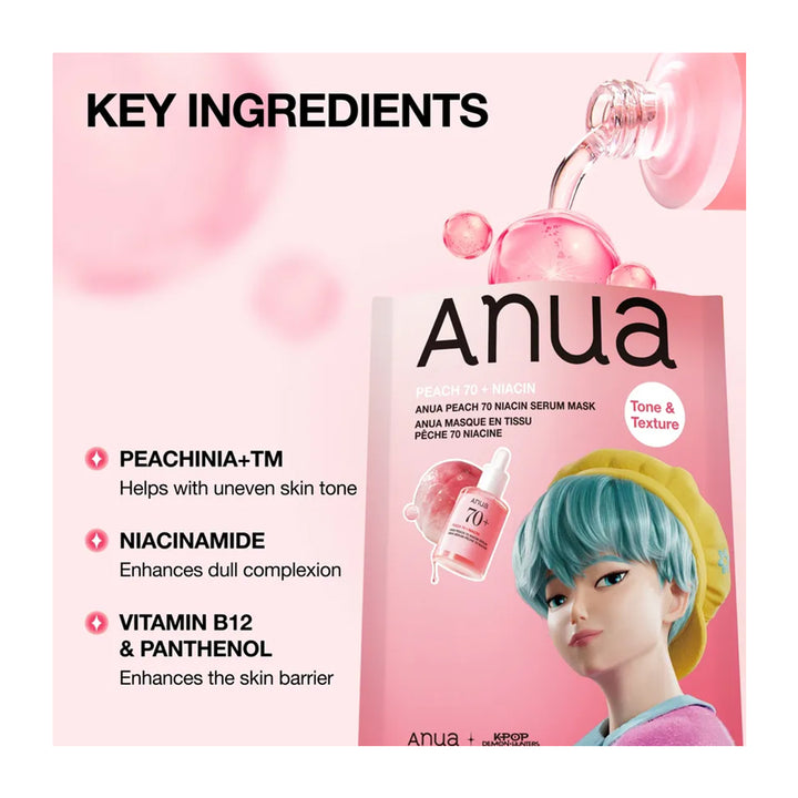Anua Peach 70 + Niacin serum mask packaging shown on a pink background with ingredient callouts including peachinia-TM, niacinamide, and vitamin B12 &amp; panthenol.