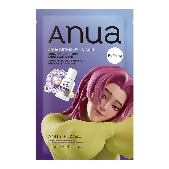 Anua Retinol + Niacin Anua Retinol Night Care Mask in a purple and lavender resealable pouch, featuring a graphic of a woman with pink hair and a bottle of serum.
