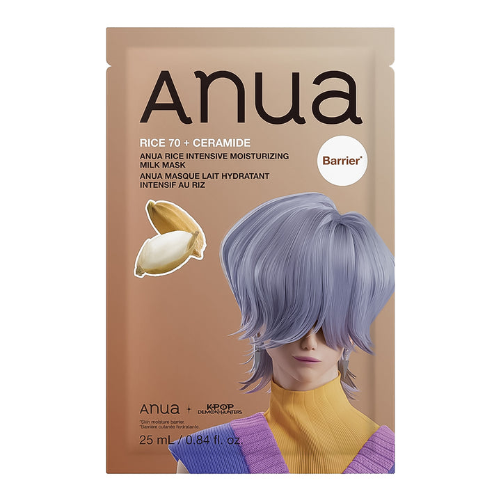 Anua Barrier Rice 70 + Ceramide milk mask pouch, featuring a light brown packaging with an illustration of a person with lavender hair and a rice grain graphic.