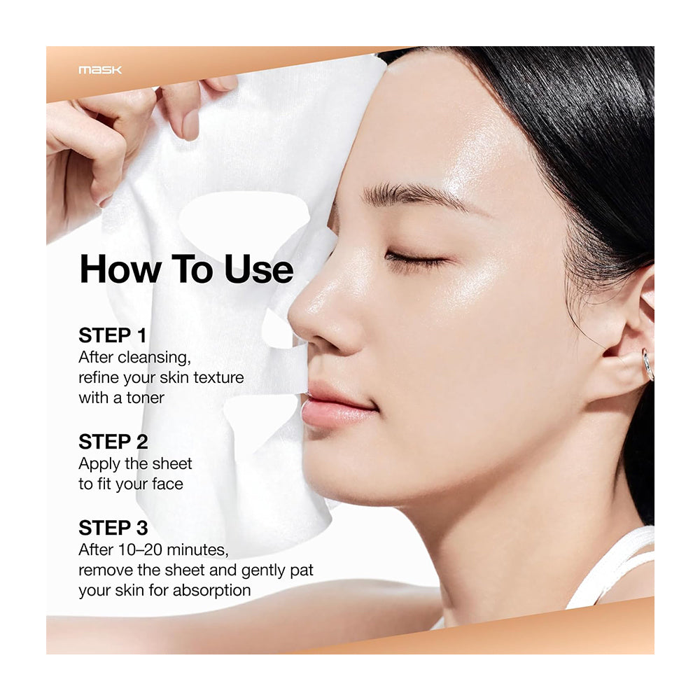A close-up of a woman applying or wearing a white sheet mask to her face, with instructional text reading &