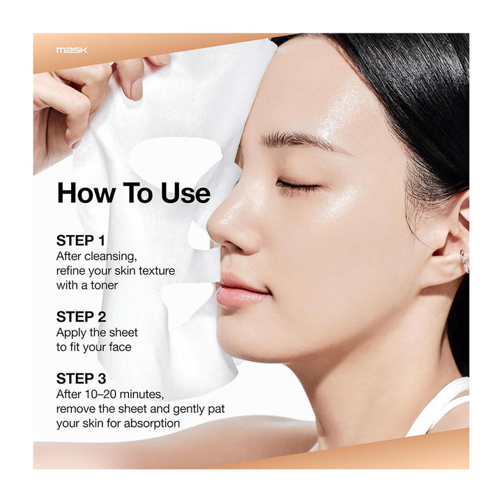 A close-up of a woman applying or wearing a white sheet mask to her face, with instructional text reading &
