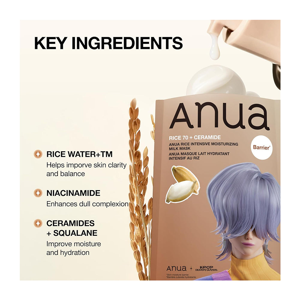Anua Barrier Rice 70 + Ceramide Rice Mask packaging shown with a stylized model featuring lavender-purple hair, alongside key ingredients text including rice water, niacinamide, and ceramides on a cream background.