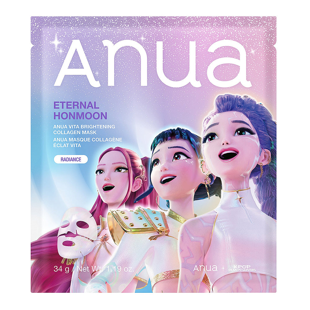 Anua Eternal Honmoon Anua Vita Brightening Collagen Mask packaging, featuring a lavender and purple gradient background with three illustrated female characters in white and gold outfits, and a white sheet mask graphic.