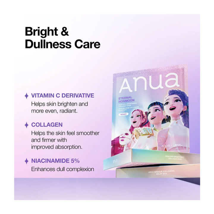 Anua Eternal Hourmoon skincare packaging shown on a pastel purple background with marketing text highlighting vitamin C derivative, collagen, and 5% niacinamide.