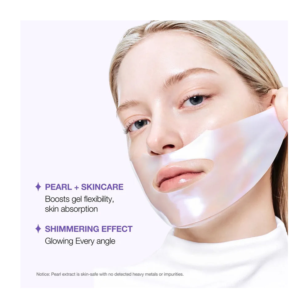 A close-up of a woman applying or wearing a translucent, shimmering pearlescent skincare mask on her cheek, with promotional text on a light lavender background.