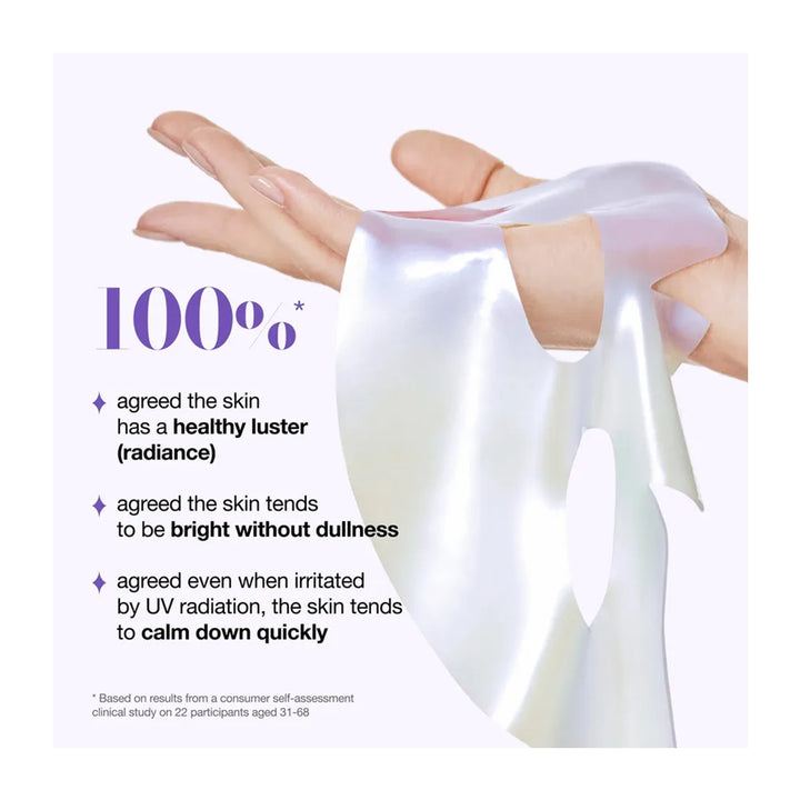 A hand stretching a translucent, glossy white sheet mask, with text on the left describing skin benefits. The background is a very light lavender-gray.