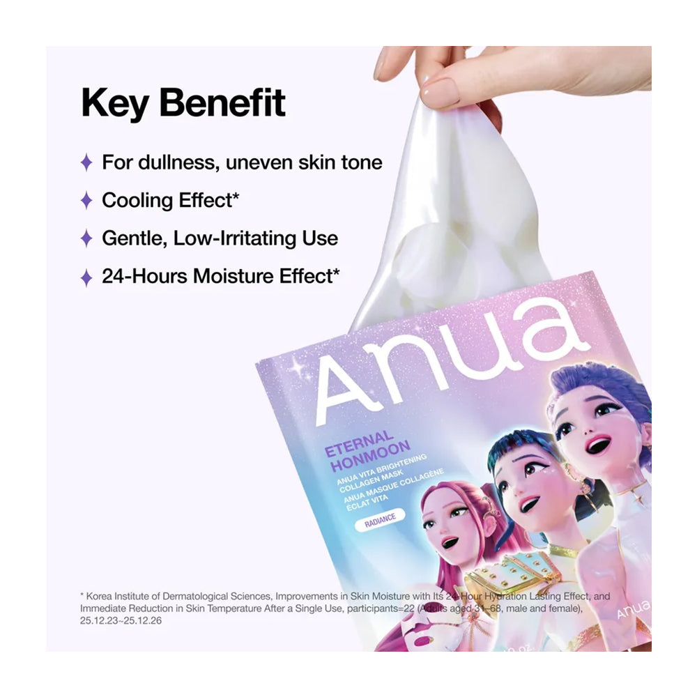 Anua Eternal Hommon Magic Collagen Roller Pen in the shade Moonlight, shown with its packaging and a hand holding a white cotton swab. The ad features a &