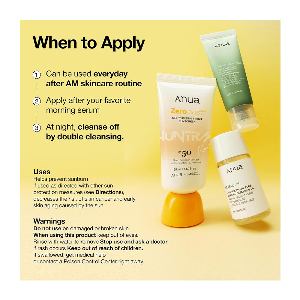 Anua skincare set featuring a Zero Cost Moisturizing Cream tube, a Clear Serum bottle, and a toner tube, displayed on a pale yellow background with &