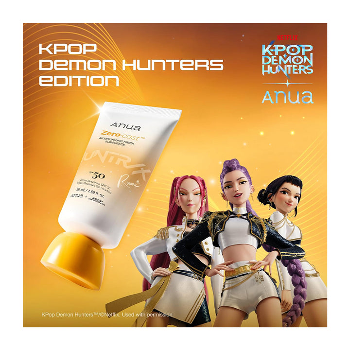 Anua Zero Glow SPF 30 sunscreen tube in the K-pop Demon Hunters Edition, featuring Anua branding and characters from the K-pop group Anua, set against a vibrant orange and yellow gradient background.
