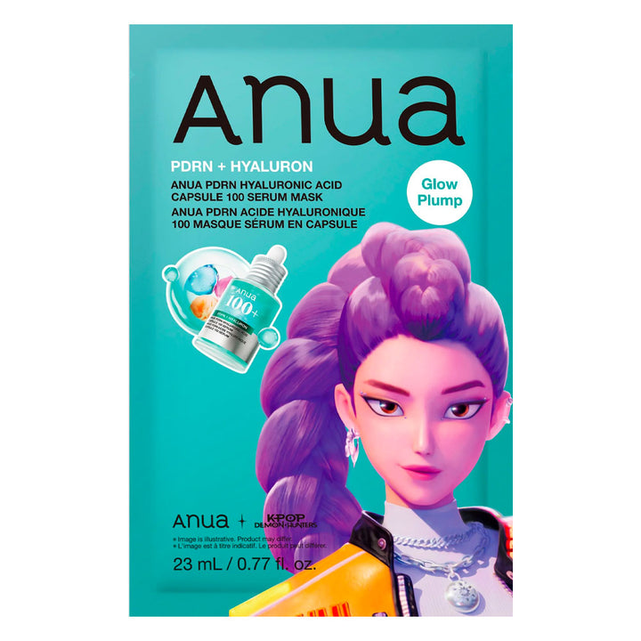 Anua PDRN + Hyaluronic Acid Serum Mask packaging, featuring a teal background with an illustration of a woman with purple hair and a dropper graphic.