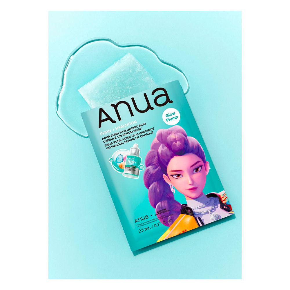 Anua Glow Flush hair mask in its teal packaging, featuring a stylized illustration of a woman with purple hair, with a clear gel cap and white mask sheet visible against a light blue background.