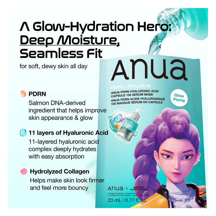 Anua + Deep Moisture serum mask packaging shown on a white promotional graphic with text callouts and a stylized woman illustration. The package is teal with purple hair artwork and claims for deep hydration and seamless fit.