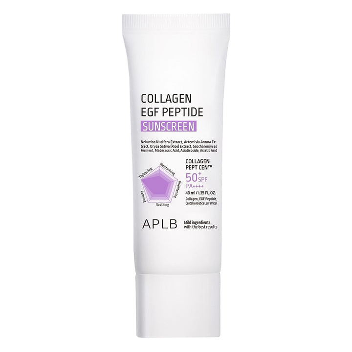 A white squeeze tube of APLB Collagen EGF Peptide Sunscreen with purple accents and black text, shown on a solid white background.