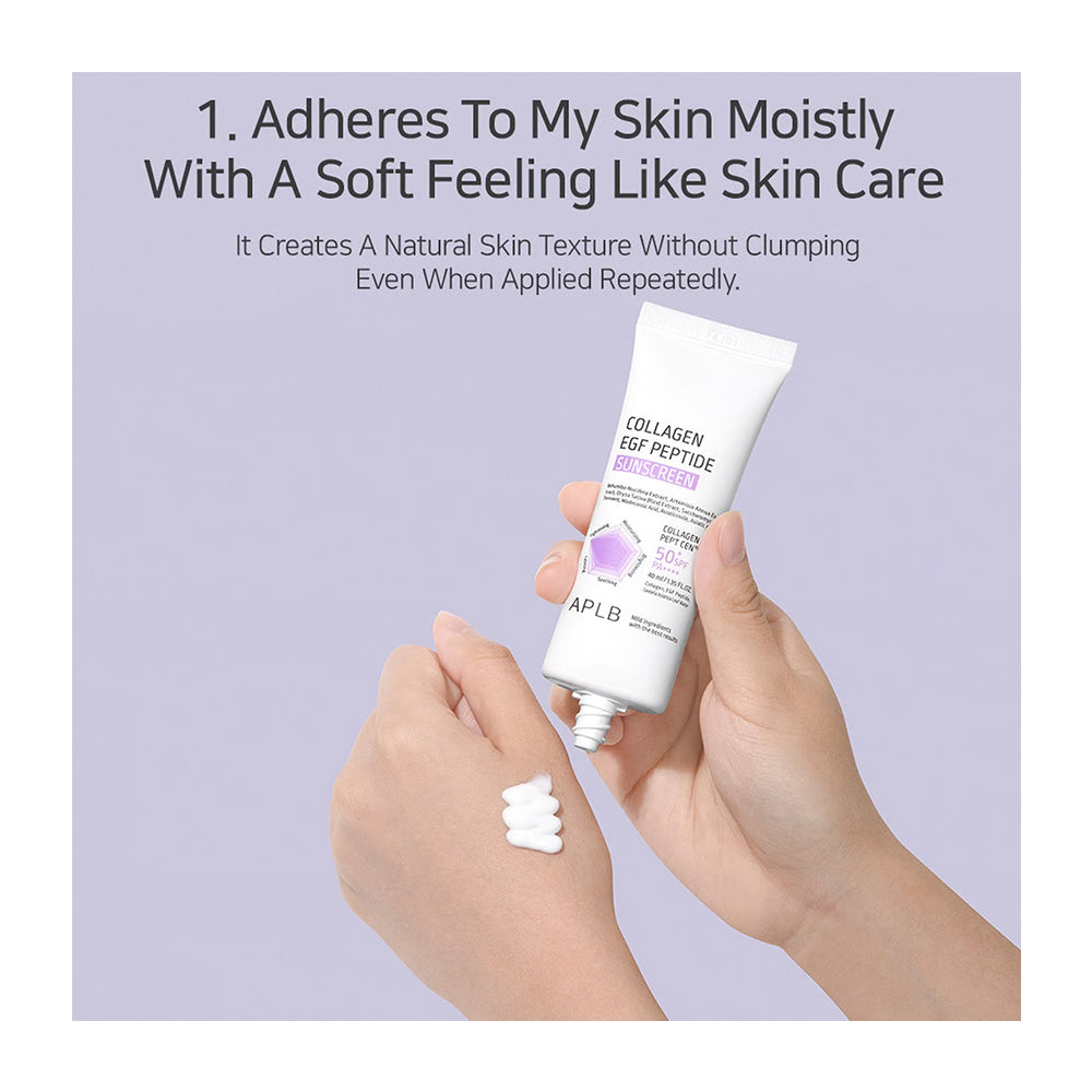 A hand holding a white tube of APLB Collagen Est Peptides Hyalunder moisturizer, with another hand receiving a small dollop of the white cream. The background is a solid light lavender color with promotional text at the top.