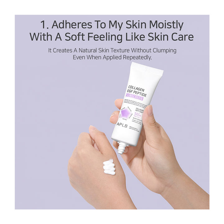 A hand holding a white tube of APLB Collagen Est Peptides Hyalunder moisturizer, with another hand receiving a small dollop of the white cream. The background is a solid light lavender color with promotional text at the top.