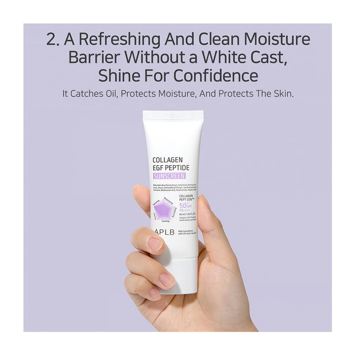 A hand holding a white tube of APLB Collagen EGF Peptide Serum against a light lavender background with promotional text at the top.