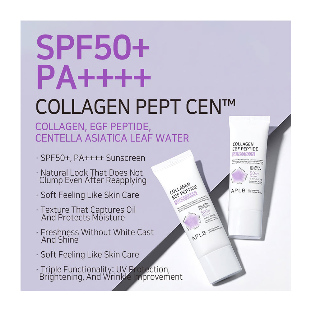A promotional graphic for APLB Collagen Pept CEN SPF50+ PA++++ sunscreen cream, showing two white tubes of the product on a light lavender background with purple and black text.