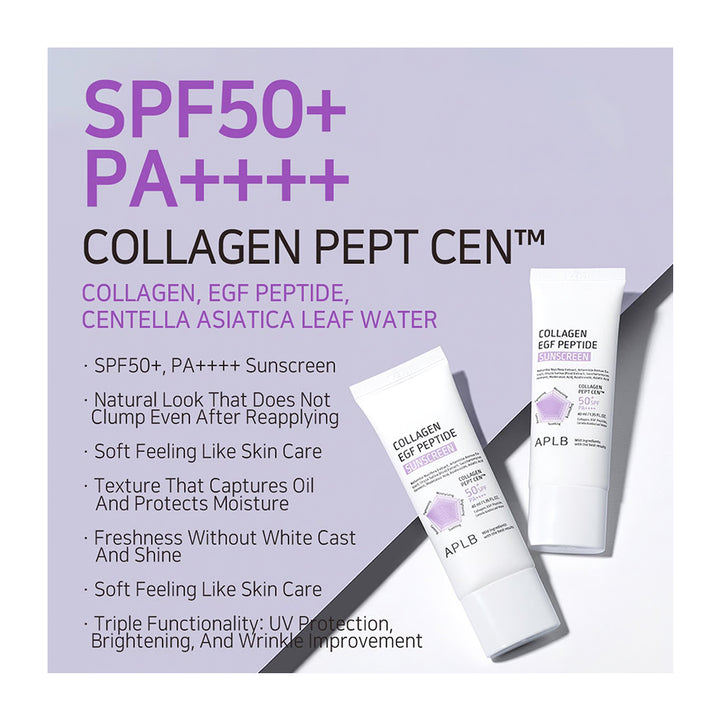 A promotional graphic for APLB Collagen Pept CEN SPF50+ PA++++ sunscreen cream, showing two white tubes of the product on a light lavender background with purple and black text.