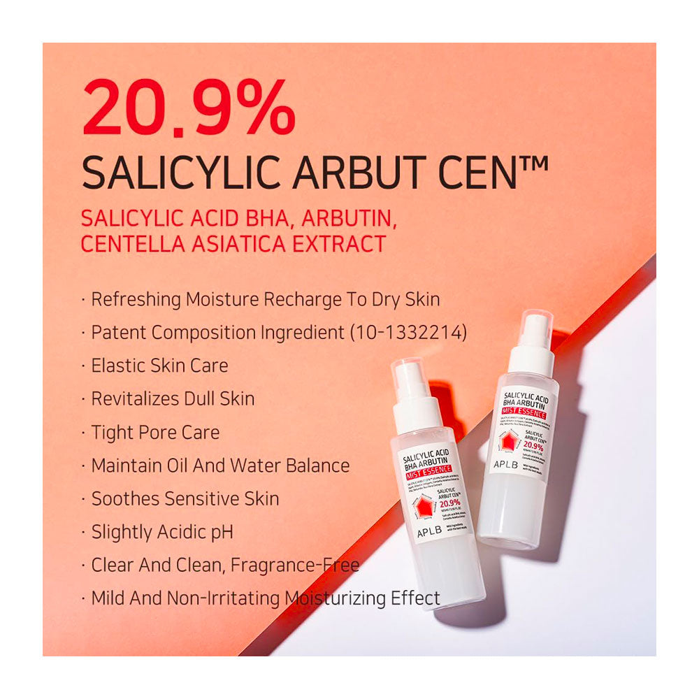 Two white spray bottles of APLB Salicylic Arbut Cen moisturizer on a peach and white background with product claims text.