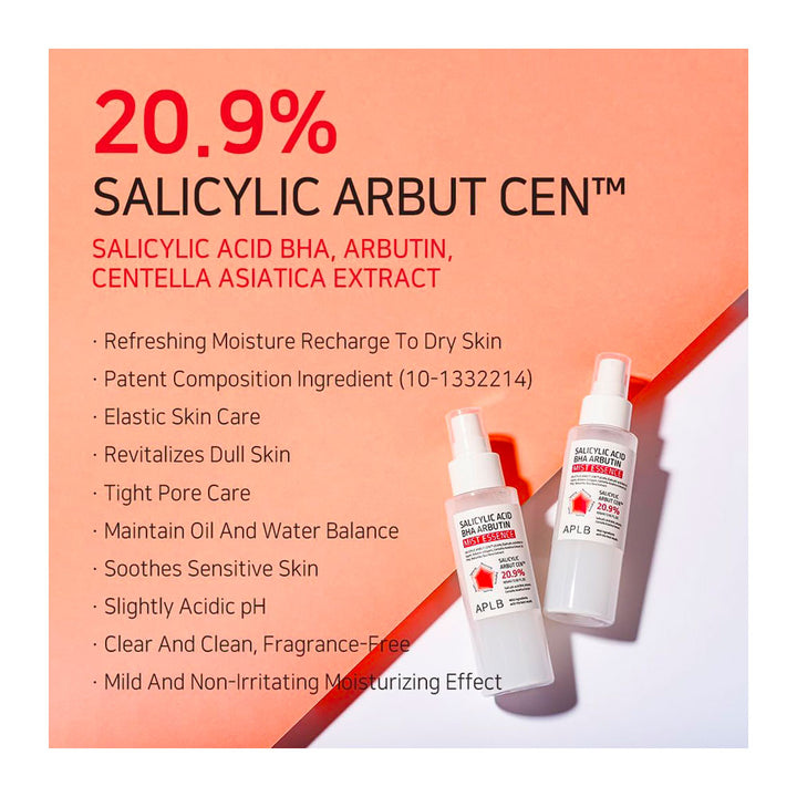 Two white spray bottles of APLB Salicylic Arbut Cen moisturizer on a peach and white background with product claims text.