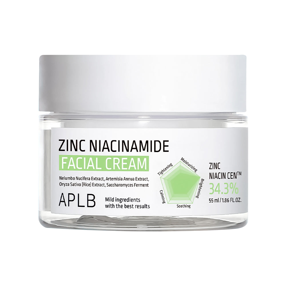 A clear plastic jar of APLB Zinc Niacinamide Facial Cream with a white lid and a white label featuring green accents and text.
