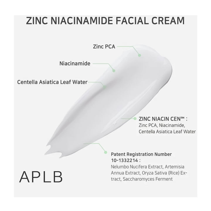 A white cream smear labeled with ingredients including Zinc PCA, Niacinamide, and Centella Asiatica Leaf Water, under the heading &