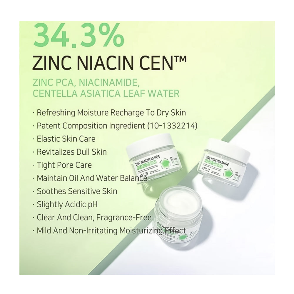 Zinc Niacin Cen skincare set featuring two white jars with white lids and clear lids showing white cream, set against a pale green background with product details and text.