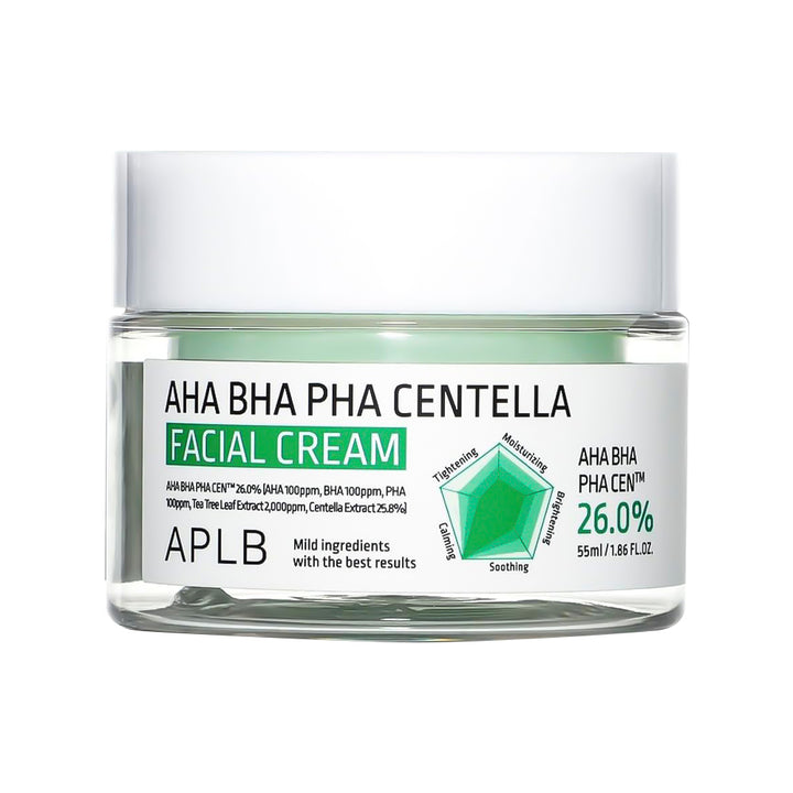 A clear cosmetic jar of APLB AHA BHA PHA Centella Facial Cream with a white lid and a white label featuring green text and a green geometric logo, set against a plain white background.