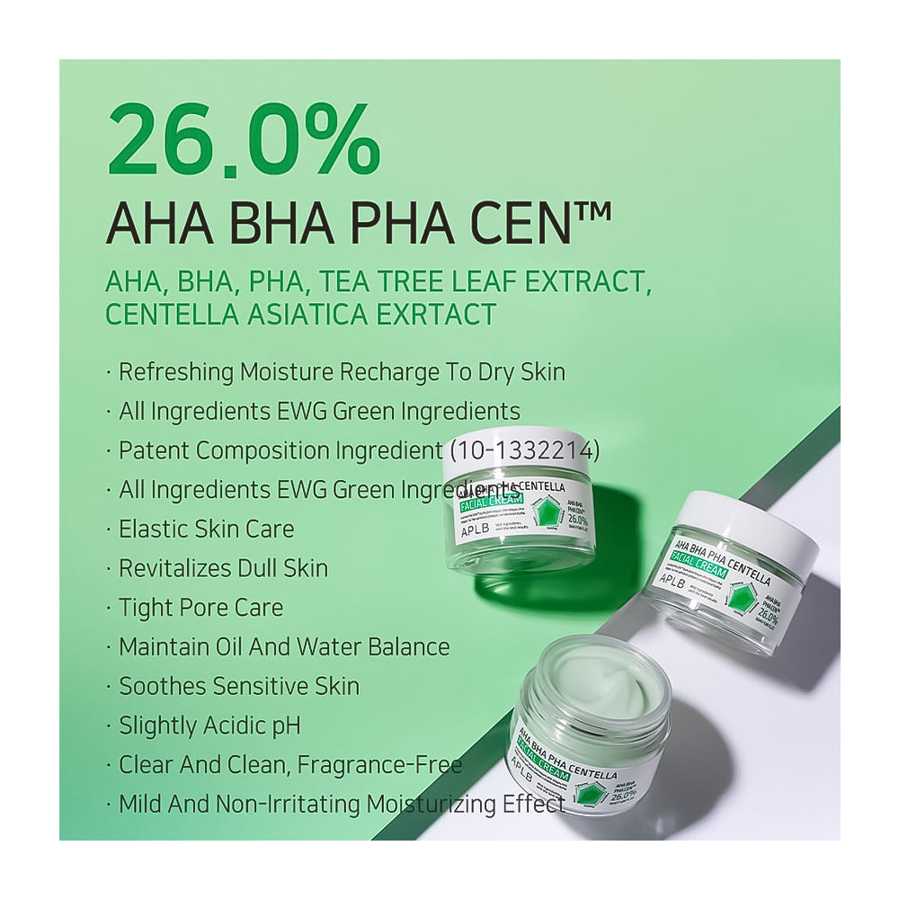 Three jars of AHA BHA PHA CEN moisturizing cream by Centella Asiatica shown on a light green and white graphic background with product details and ingredient text.