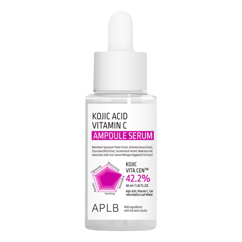 APLB Kojic Acid Vitamin C Ampoule Serum in a clear bottle with a white dropper cap, featuring a white label with pink and black text and a pink hexagonal graphic.
