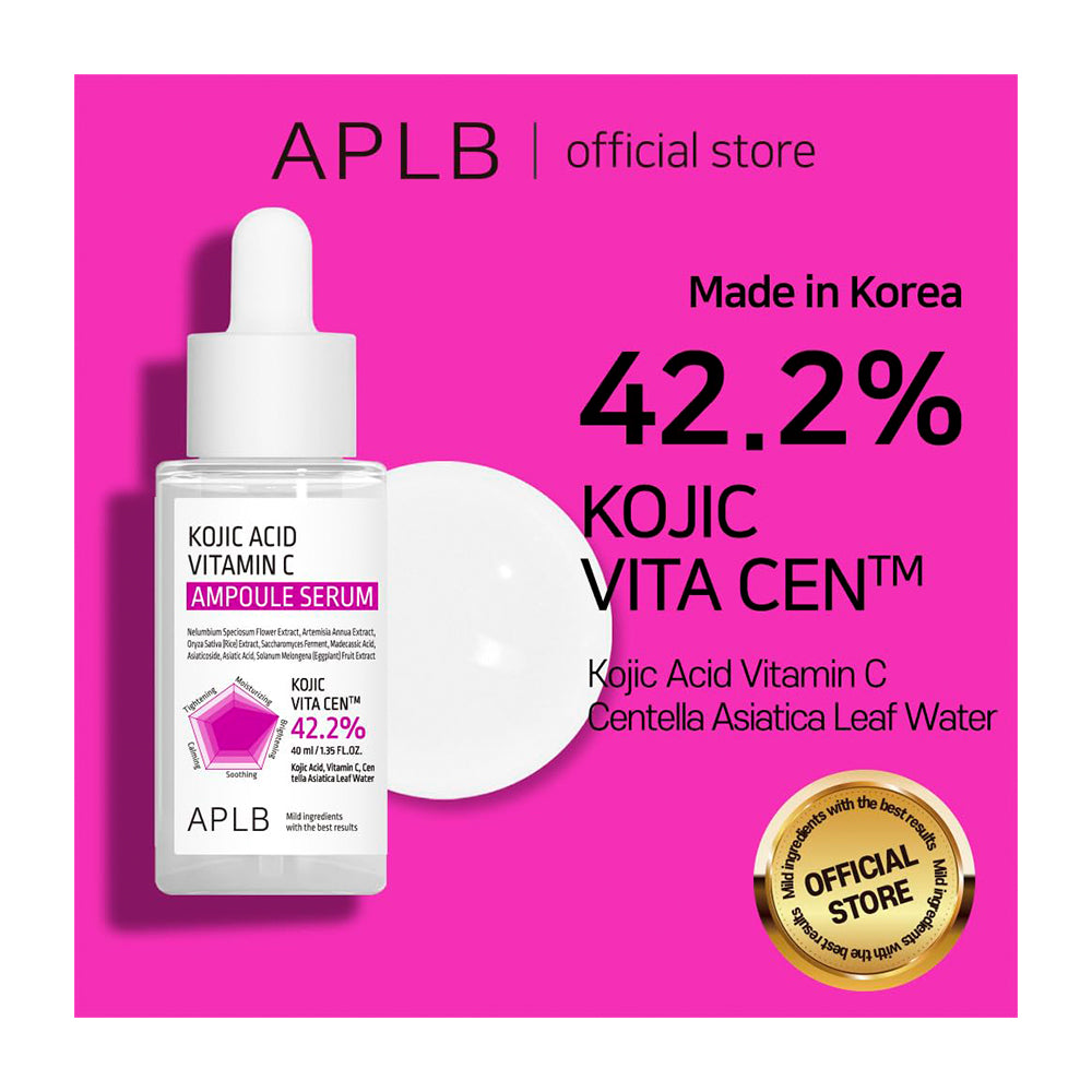 APLB Kojic Acid Vitamin C Ampoule Serum bottle shown on a bright pink promotional background with text reading &