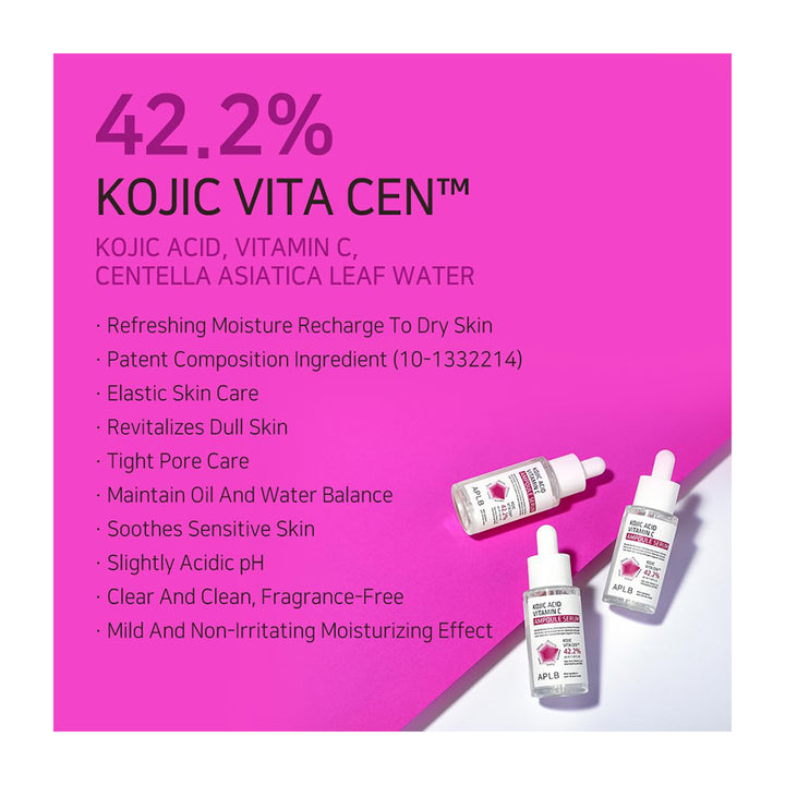 Promotional graphic for Kojic Vita Cen skincare dropper bottles. The left side features a bright pink background with white and black text detailing product benefits, and the right side shows three small white dropper bottles with pink labels and silver caps on a white background.