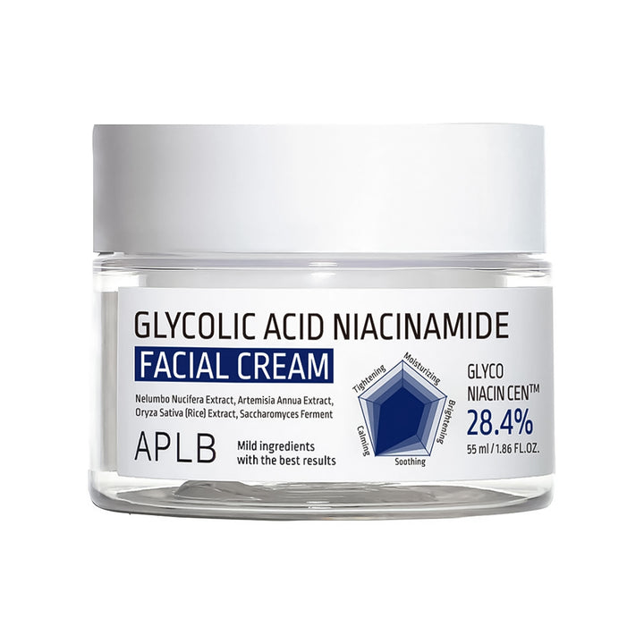 A clear plastic jar of APLB Glycolic Acid Niacinamide Facial Cream with a white lid and a white label featuring blue text and a blue hexagonal graphic.
