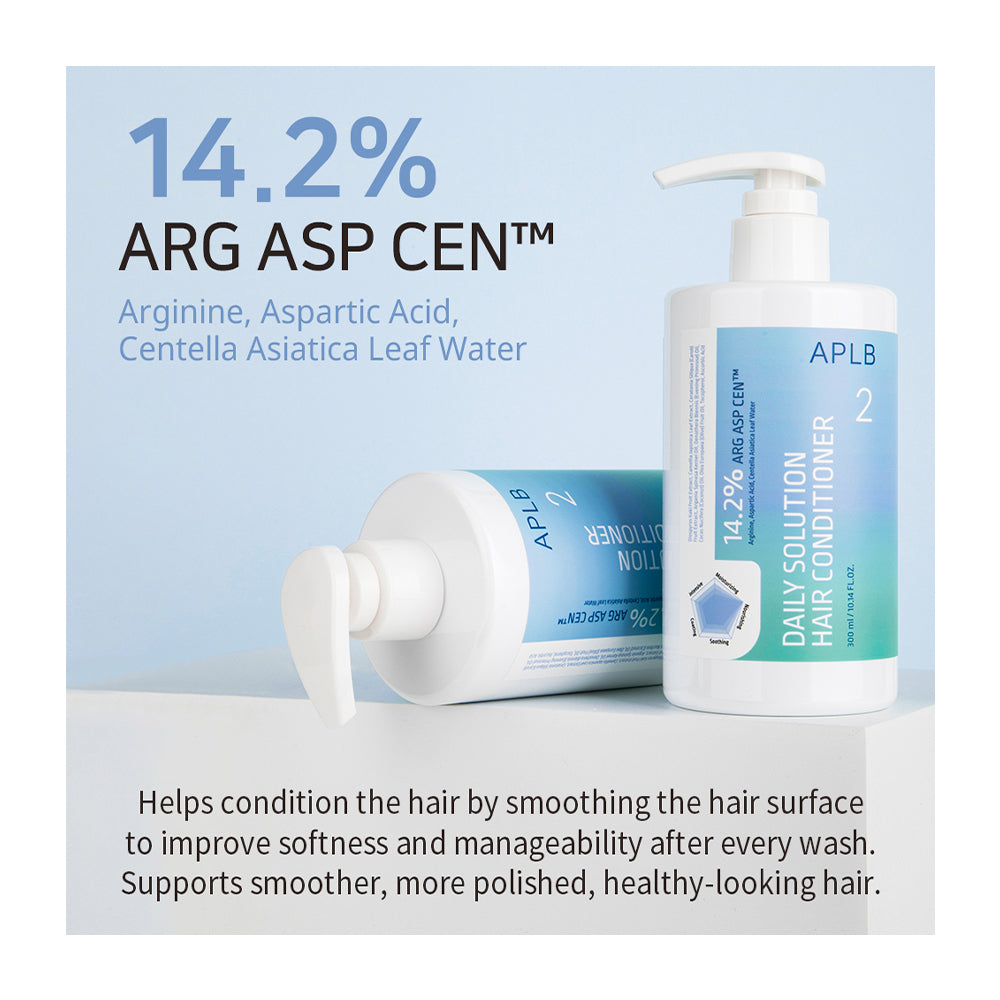 Two white pump bottles of APLB Daily Solution Hair Conditioner, one standing upright and one lying on its side, with text highlighting 14.2% Arg Asp Cen and a light blue background.