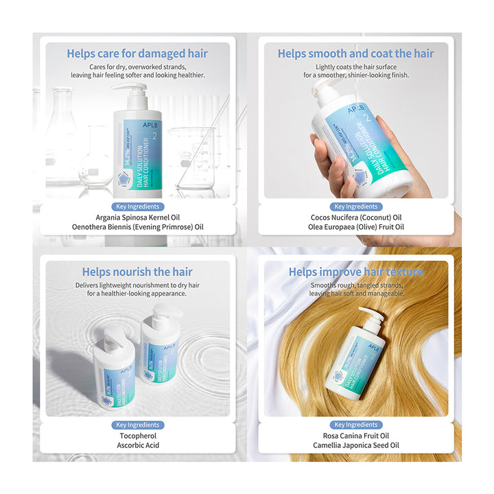 A four-panel promotional graphic for hair-care products. The top row shows a hand holding a bottle labeled APE 100 in the left panel and a hand holding a bottle labeled Cocos Nucifera (Coconut) Oil in the right panel, with text explaining benefits for damaged and smooth hair.