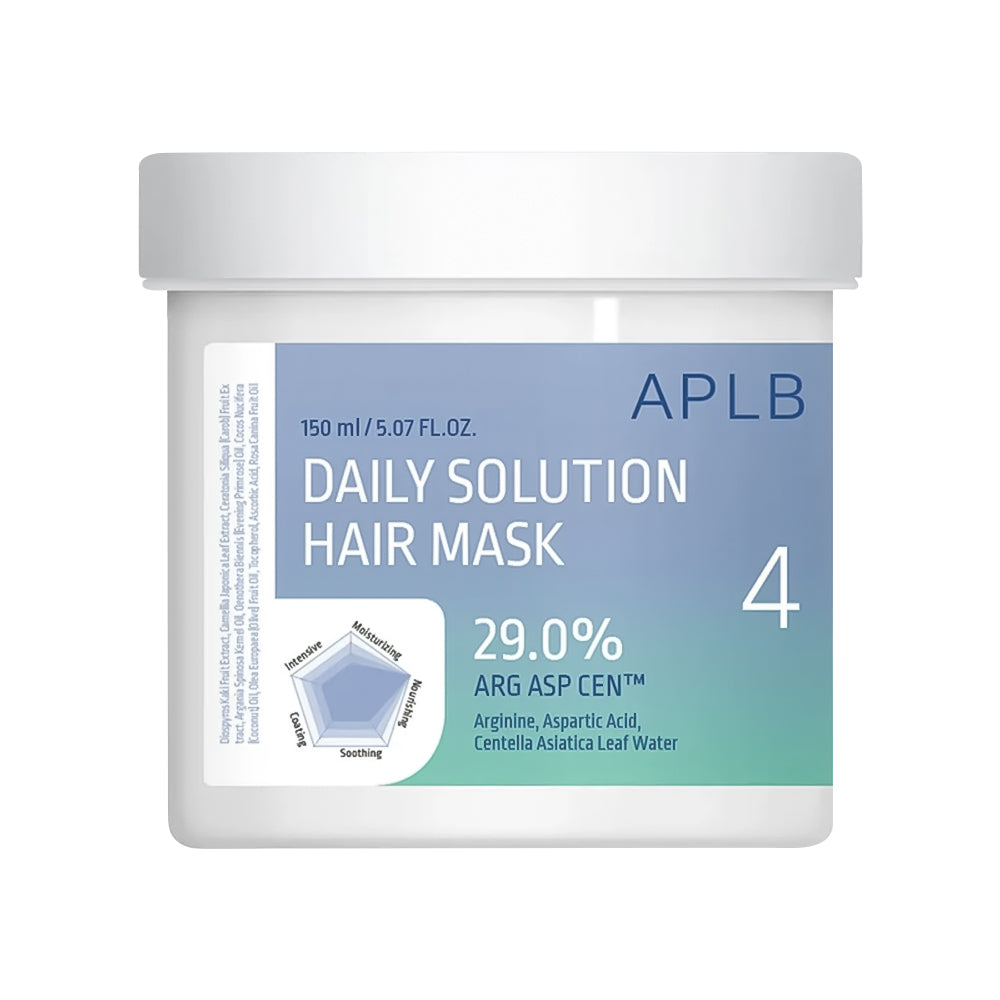 A white plastic jar of APLB Daily Solution Hair Mask with a blue and green gradient label, shown on a solid white background.