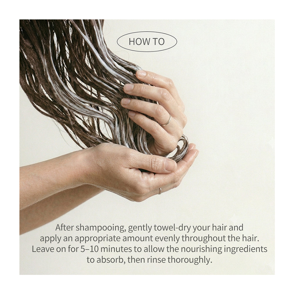 Instructional graphic showing hands towel-drying hair with a text overlay that reads 'HOW TO' and additional instructions about shampooing, towel-drying, and leaving hair ingredients on for 1-2 minutes.