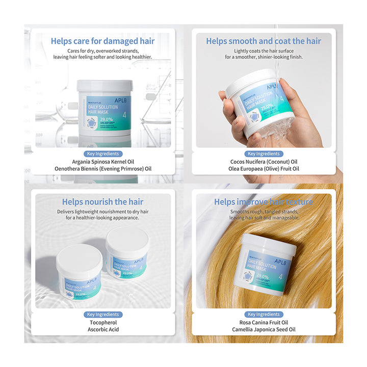 Four-panel promotional graphic for a hair care product. The panels show the jar of hair mask and conditioner, ingredient callouts, a hand holding the conditioner jar, and close-up strands of light golden-blonde hair.