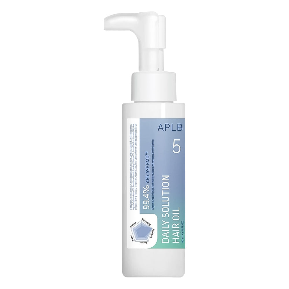 A bottle of APLB 5 Daily Solution Hair Oil with a white pump dispenser and a blue-to-green gradient label, shown on a plain white background.