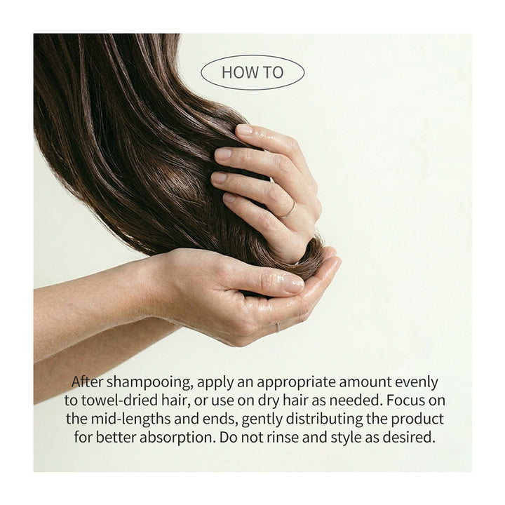 Instructional graphic showing hands holding towel-dried brown hair with a &