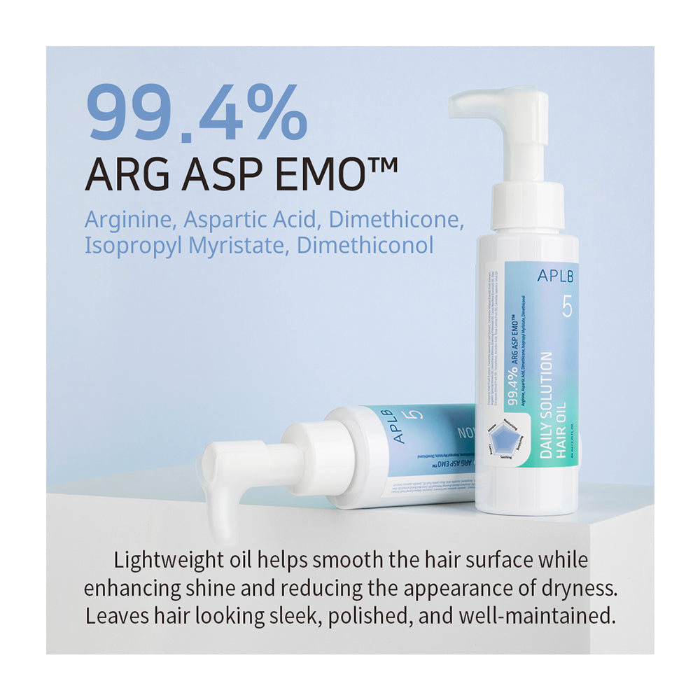 APLB 99.4% Arg ASP Emo Daily Solution hair care set featuring a white pump bottle and a white tube with blue and green labels, set against a light blue background with descriptive text.