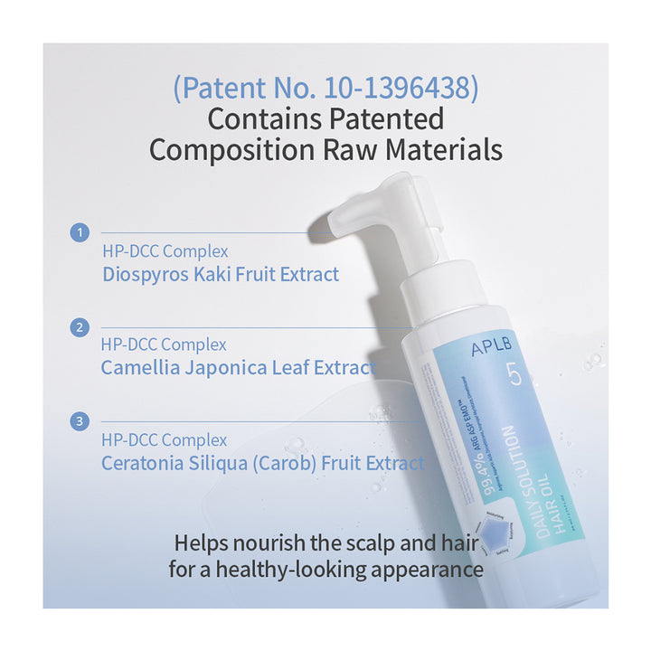 A bottle of APLB 5th Generation Scalp and Hair Treatment with a pump dispenser, shown on a light gray background with informational text detailing its patented composition raw materials.