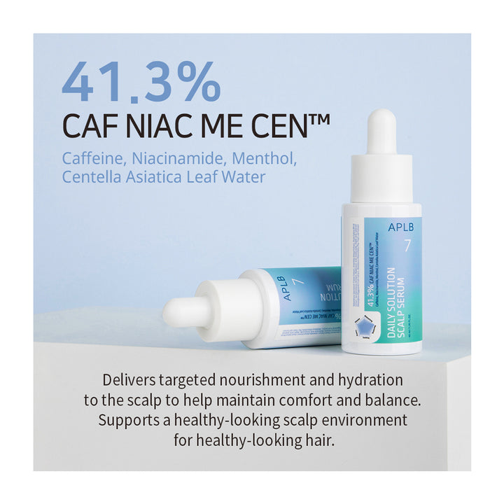 APLB 7 Scalp Serum and Hydration Treatment bottle set on a light blue and gray background with promotional text highlighting caffeine, niacinamide, menthol, and centella asiatica leaf water.